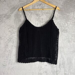 Vintage Jessica Womens Black Crochet Linen Cotton Blend Camisole Tank Top Large